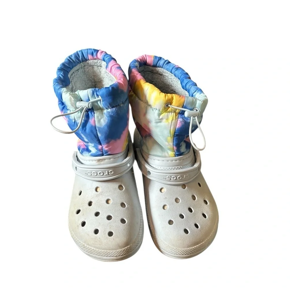 Crocs Classic Lined Neo Puff Boots W/10 M/8 In Tie-Dye Mineral Blue Fleece Lined